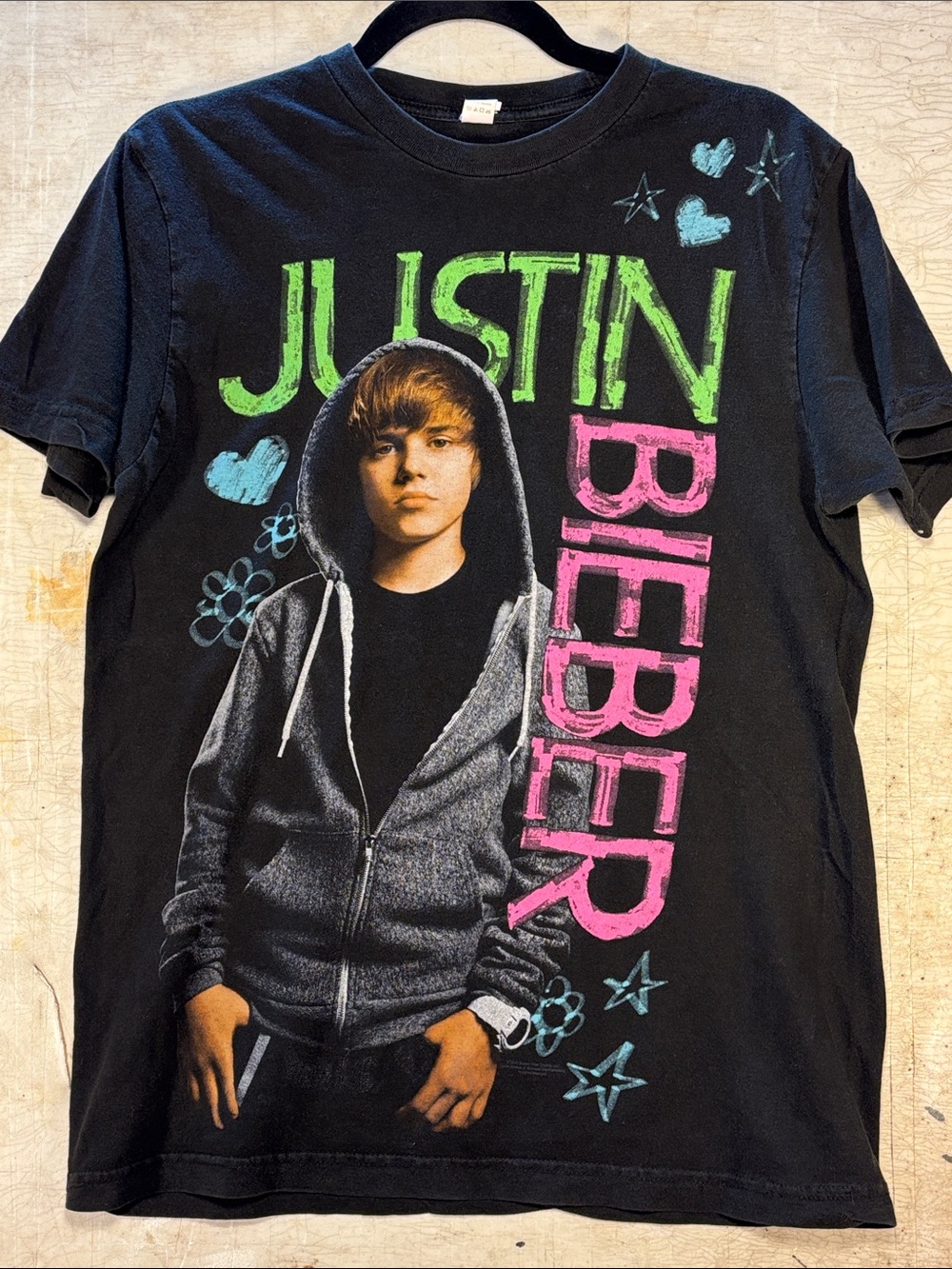 Justin Bieber Black Tee with Pink & Green Graphic